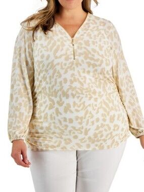 JM Collection -  Cream & Gold Animal Print Zip Front Blouse - NWT -Plus 2x